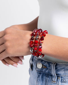 Bracelet Stretchy,Gunmetal,Red,Stack of GLASS Red ✧ Stretch Bracelet