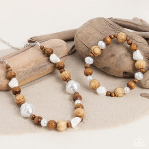 Bracelet Stretchy,Bracelet Wooden,Necklace Short,Necklace Wooden,Sets,Shell,White,Wooden,All In WOOD Time ✧ Necklace & Take A WOOD Look ✧ Bracelet Brown Wood Shell Set