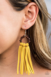 Earrings Fish Hook,Earrings Fringe,Earrings Wooden,Suede,Wooden,Yellow,Easy To PerSUEDE Yellow ✧ Wood Suede Fringe Earrings