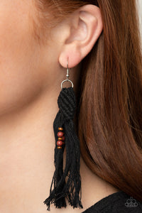 Black,Earrings Fish Hook,Earrings Macramé,Earrings Tassel,Earrings Wooden,Macramé,Wooden,Beach Bash Black ✧ Wood Bead Macrame Tassel Earrings