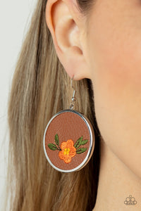 Brown,Earrings Fish Hook,Earrings Leather,Leather,Orange,Prairie Patchwork Orange ✧ Earrings