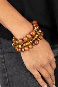 Bracelet Stretchy,Bracelet Wooden,Brass,Brown,Wooden,WILD-Mannered Brass ✧ Wood Bead Stretch Bracelet