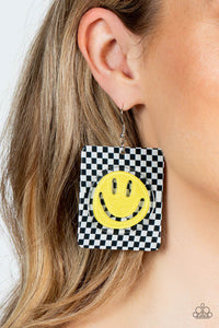 Black,Earrings Fish Hook,Multi-Colored,Smile Face,White,Yellow,Cheeky Checkerboard Yellow ✧ Smile Earrings