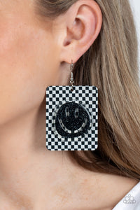 Black,Earrings Fish Hook,Favorite,Smile Face,Cheeky Checkerboard Black ✧ Smile Earrings