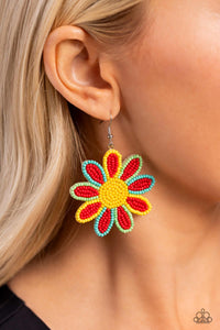 Earrings Fish Hook,Earrings Seed Bead,Multi-Colored,Red,Yellow,Decorated Daisies Red ✧ Seed Bead Earrings