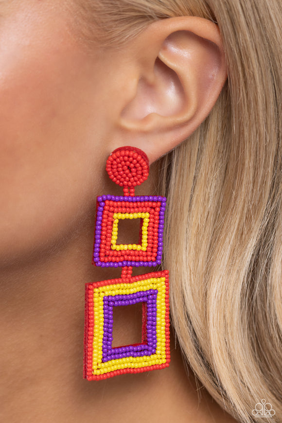 Seize the Squares Red ✧ Seed Bead Post Earrings