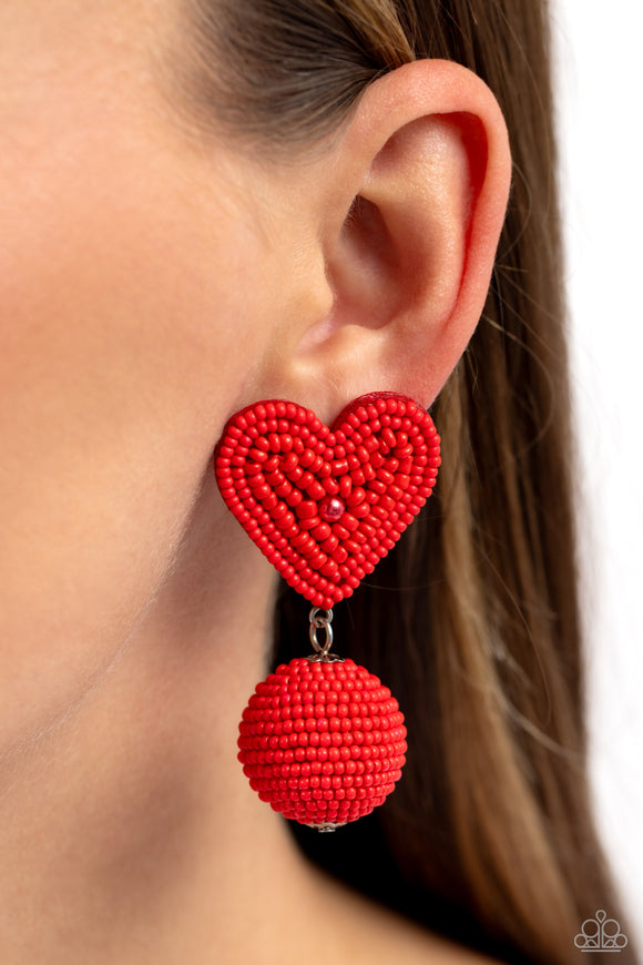 Spherical Sweethearts Red ✧ Heart Post Seed Bead Earrings